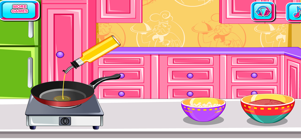 A digital kitchen scene showing oil being poured into a frying pan on a stove