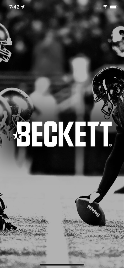 Beckett Mobile - Beckett Mobileアプリのスプラッシュスクリーン、ロゴとサッカー選手の写真付き