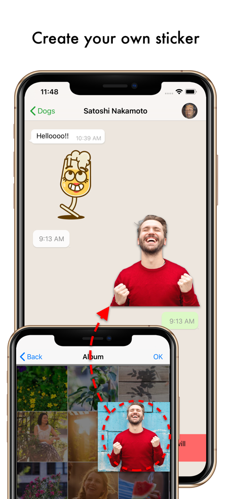 Top Sticker Maker - WaSticker - A smartphone screen demonstrating how to select a photo from an album and convert it into a custom chat sticker.