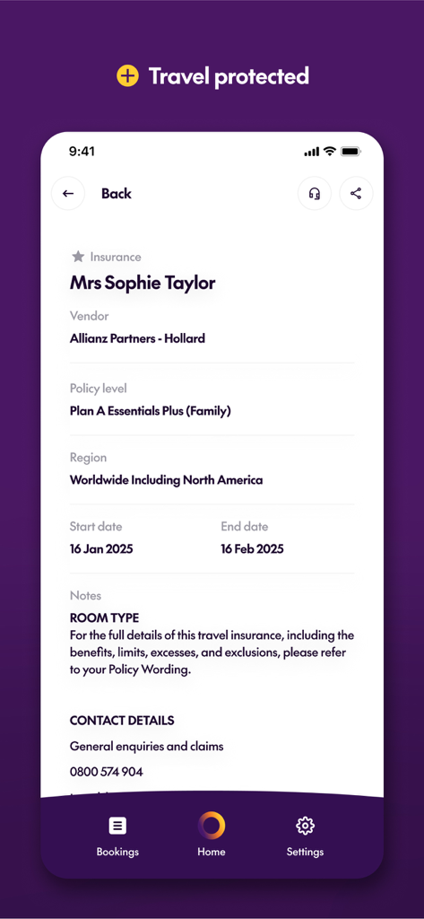 House of Travel - Mobile app screen showing travel insurance policy details and coverage for an international trip.