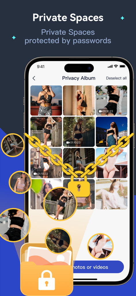 Tela de smartphone mostrando o recurso Espaços Privados no Secret Clean para armazenamento de fotos protegido por senha