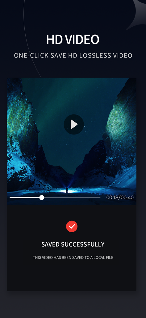Screenshot of Video Retouch app showing a successful HD video export confirmation screen with a scenic landscape preview.
