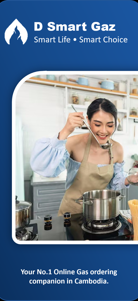 D Smart Gaz app screen showing a woman cooking and gas ordering services in Cambodia