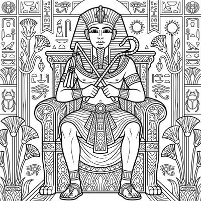 Immerse yourself in the grandeur of ancient Egypt with this captivating coloring page featuring a powerful pharaoh on his throne. Discover intricate details and iconic symbols as you bring this historical scene to life with your favorite colors.