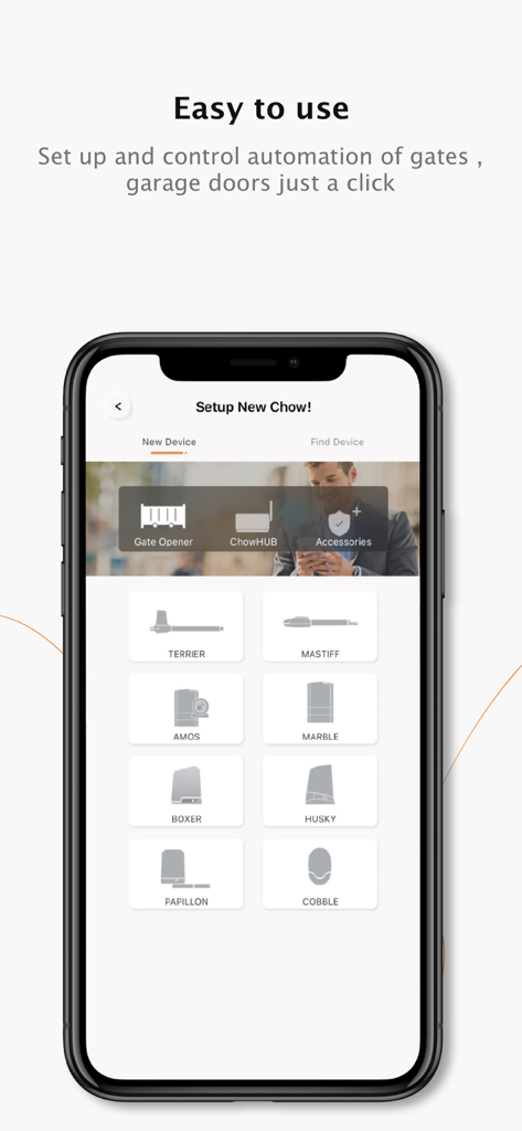 TMT Chow app interface for setting up new gate and garage door automation devices