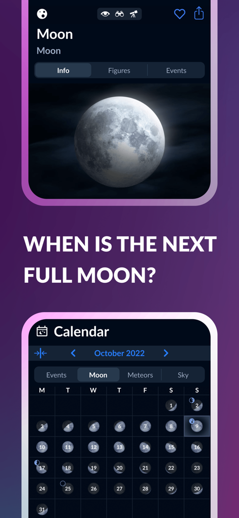 Sky Tonight app interface displaying moon details and an astronomy calendar with lunar phases