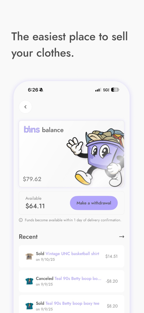 Bins App-Verkäufer-Dashboard mit Gesamtverdienst, verfügbarem Guthaben und der Historie der letzten Verkäufe