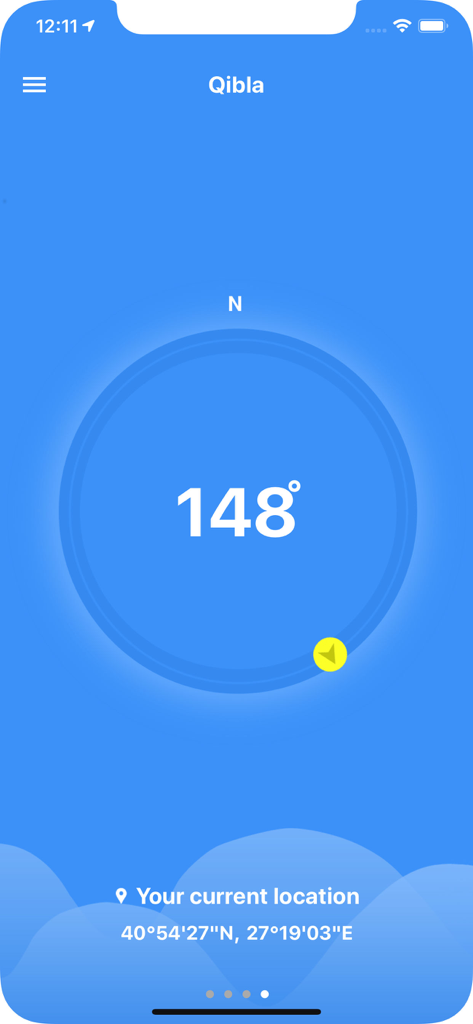 1Muslim: Prayer times, Azan - Minimalist Qibla compass interface in the 1Muslim app showing direction in degrees and current GPS location coordinates.