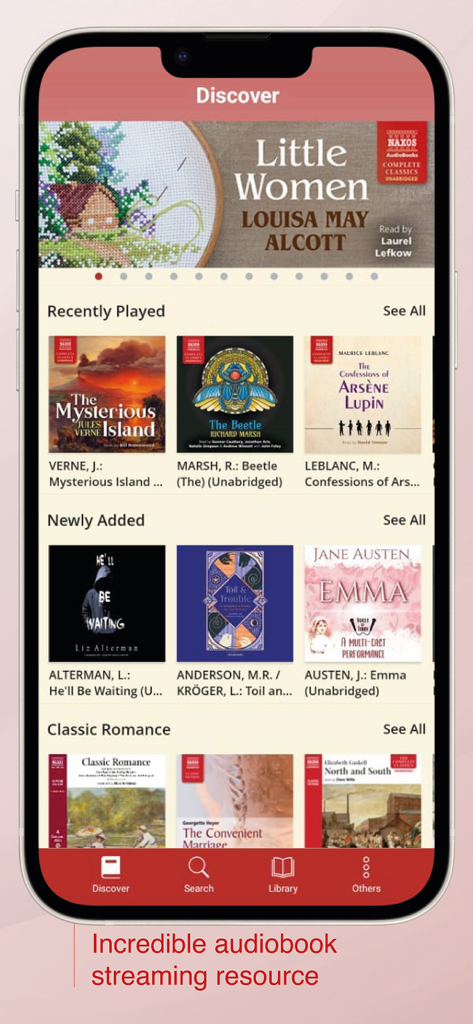 Pantalla de descubrimiento de la aplicación móvil NSWL que muestra audiolibros de literatura clásica como Mujercitas y Emma.
