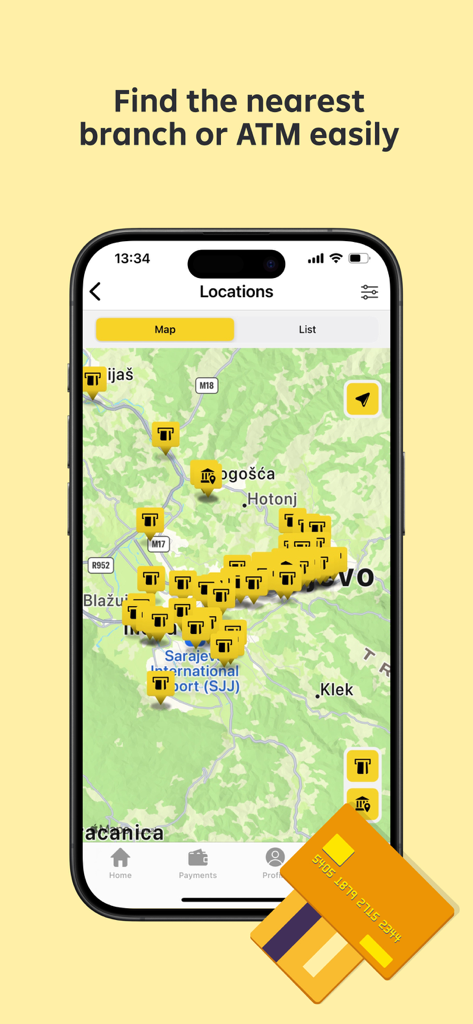 Raiffeisen Mobile Banking - Raiffeisen Mobile Banking App-Bildschirm mit Filial- und Geldautomatenstandorten auf einer Karte