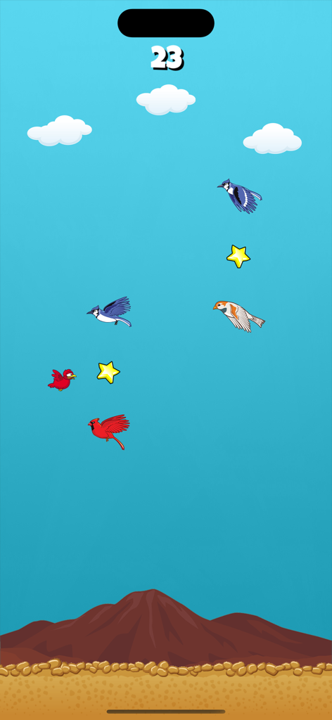 Crazy Bird Classic 게임 플레이 스크린샷으로, 새들이 하늘을 날고 수집할 별이 있으며 점수는 23점입니다