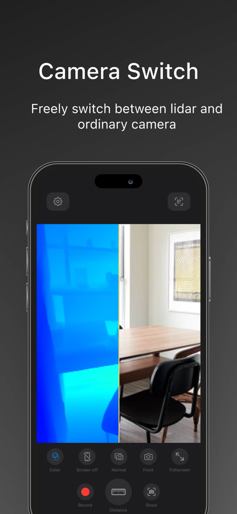 iPhone interface demonstrating the switch between LiDAR depth scanning and standard camera view