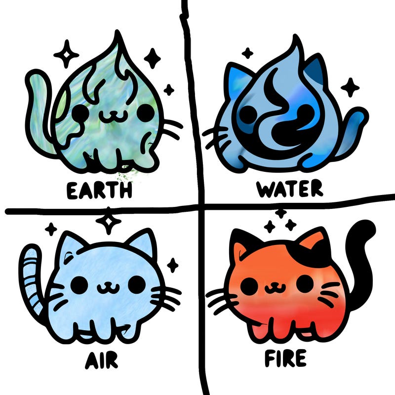 4 cats that represent the different elements, earth, water, air, and fire