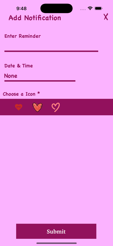 Romantic Quotes Latest Status - A pink mobile interface for setting a romantic quote notification reminder with heart icon selection.