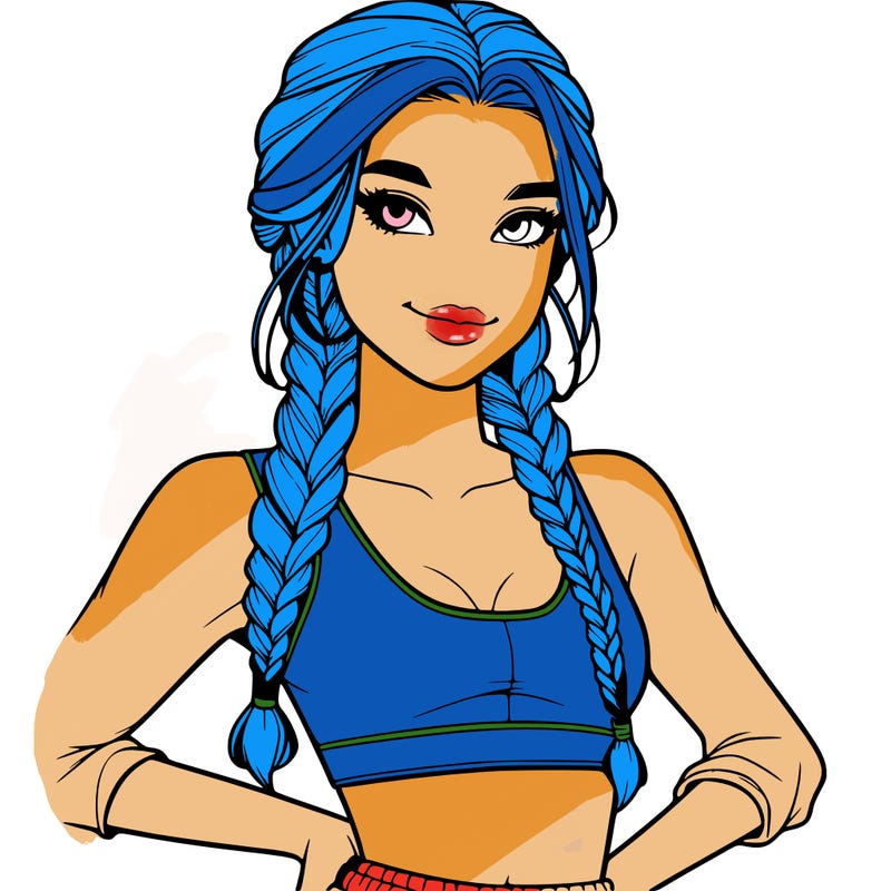 a realistic girl with a cut crop top with braids with a smirk