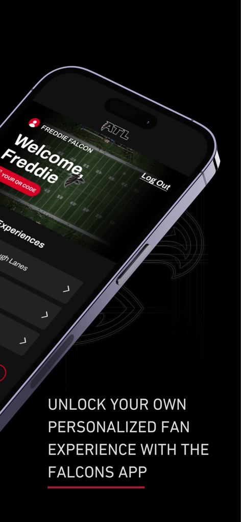 Atlanta Falcons - Smartphone displaying the Atlanta Falcons mobile app with a personalized welcome screen and stadium experience options.