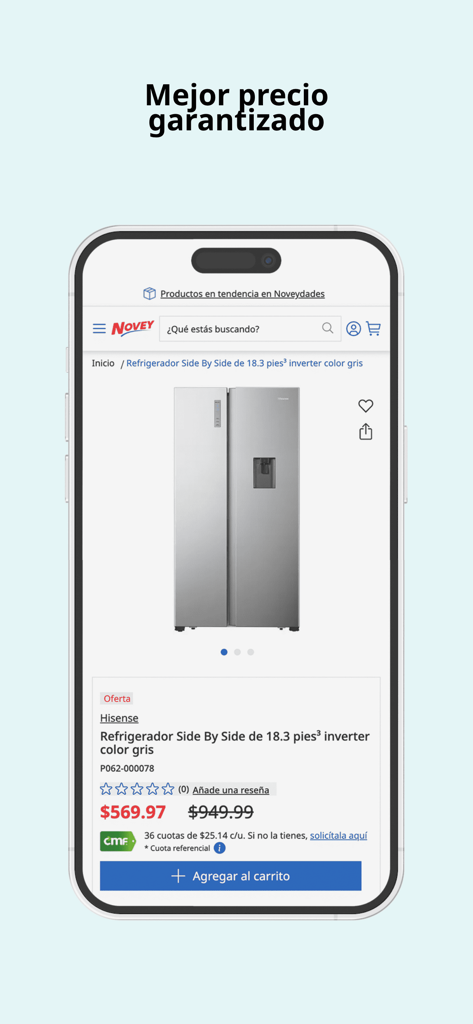 Novey Panama mobile app displaying a Hisense refrigerator on a product page with a discounted price and add to cart button.
