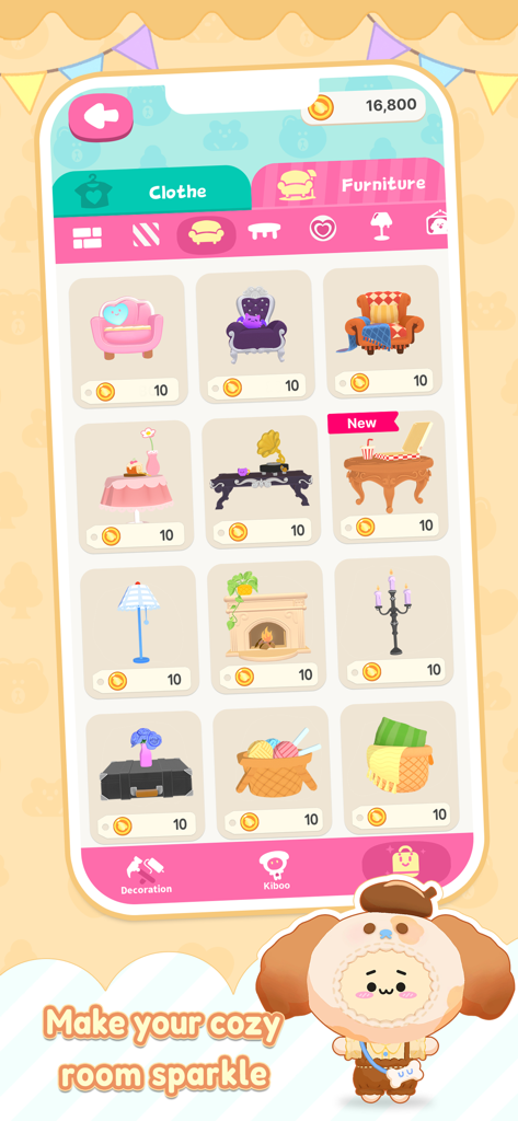 Kiboo app furniture store interface for decorating a cozy digital room