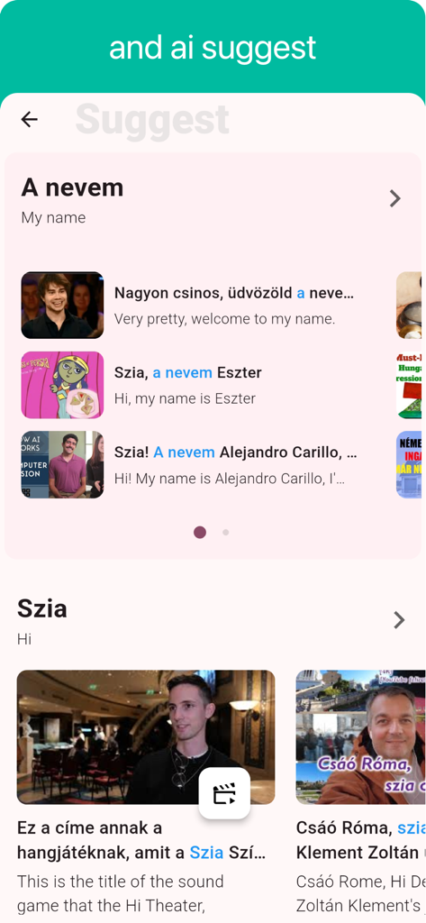 Una pantalla de aplicación móvil que muestra lecciones basadas en video para aprender frases en húngaro como saludos y presentaciones.