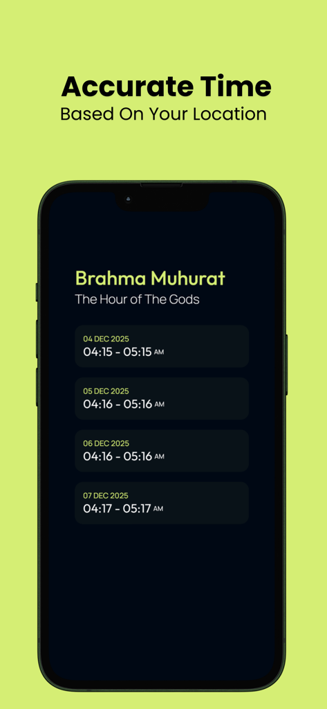 Interfaz de la aplicación Hora Brahma Muhurta que muestra los horarios diarios de meditación matutina basados en la ubicación del usuario