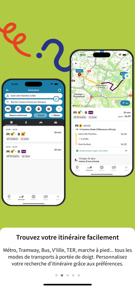 ilévia - ilevia mobile app screenshot showing multimodal route planning and map in Lille France