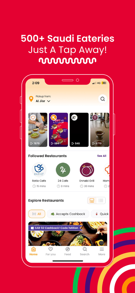 Koinz mobile app interface showing Saudi restaurant options and food stories