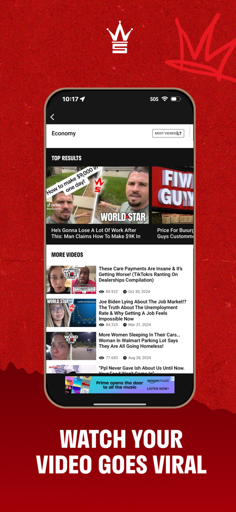 Worldstar HipHop mobile app interface showing a feed of viral economy news videos and trending clips.