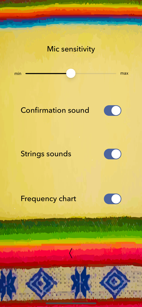 Charango Tuner Pro - Settings menu of Charango Tuner Pro app featuring microphone sensitivity slider and toggles for sound and frequency chart