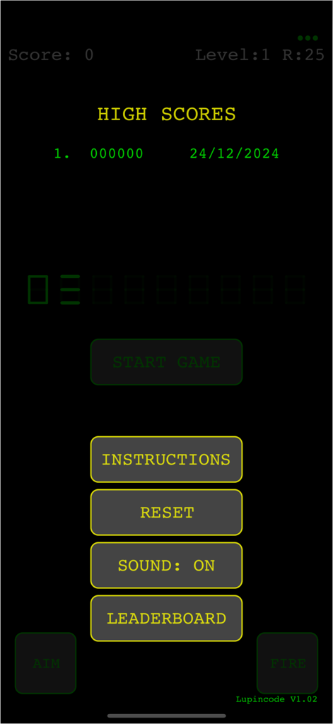 Digi Invaders - Main menu screen of Digi Invaders app with retro LCD style graphics and high score list