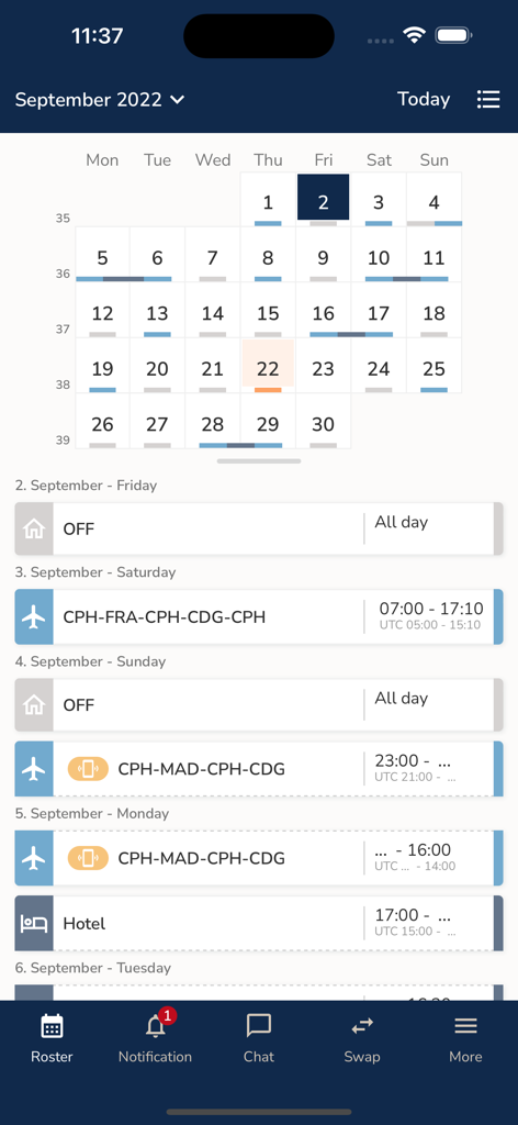 Calendario de tripulación de aviación que muestra un calendario mensual y horarios de vuelo diarios