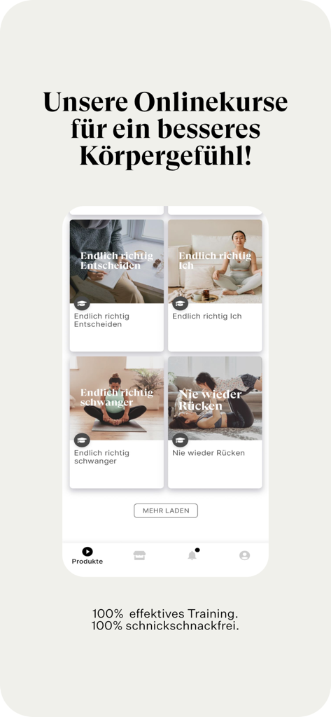 Work It Training - Pantalla de la aplicación móvil Work It Training que muestra varios cursos en línea de bienestar y salud, incluyendo alivio del dolor de espalda y ejercicios para el embarazo