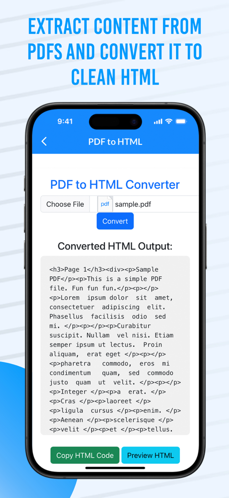 Word to HTML Converter - Interface showing PDF document content converted into clean HTML code on a mobile device