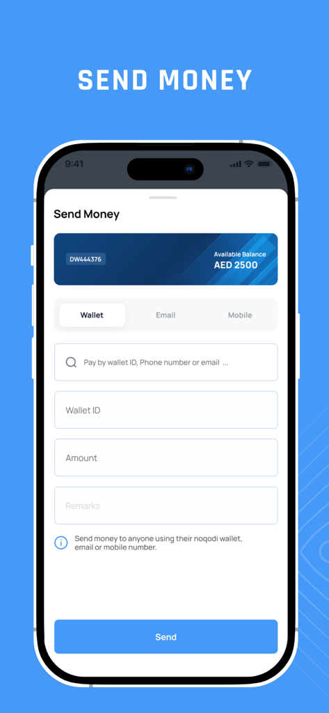 noqodi - Mobile screen of the noqodi app showing the send money interface with AED balance and wallet ID fields