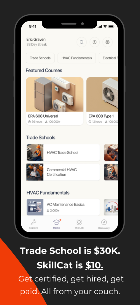 SkillCat: EPA 608, HVAC & more - SkillCat mobile app dashboard featuring HVAC trade school courses and EPA 608 certification training