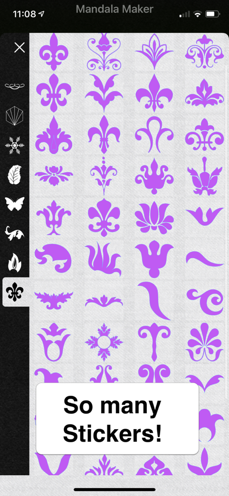 A menu in the Mandala Maker app showing various purple fleur-de-lis and floral ornament stickers with the text So many Stickers.