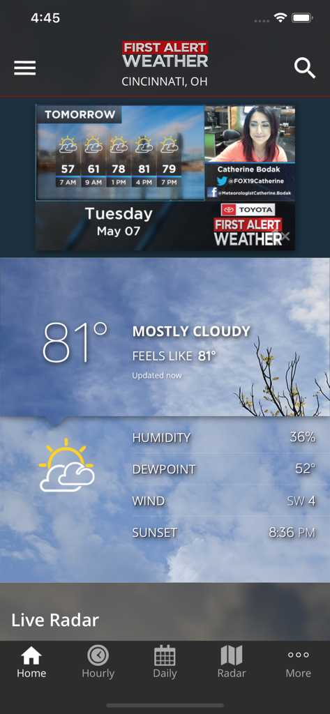 FOX19 First Alert Weather - FOX19 First Alert Weather app interface displaying current Cincinnati conditions and a local forecast update