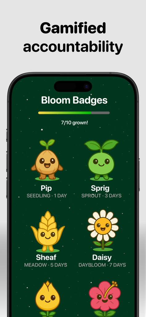 Cravr: Craving Companion - Pantalla de Insignias Florecer de la aplicación Cravr que muestra personajes de plantas para hitos de progreso
