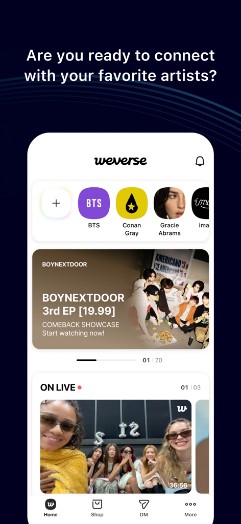 Weverse mobile app interface showing artist communities and live streams.