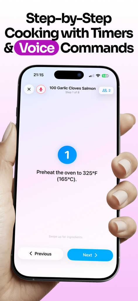 Guía de cocina paso a paso en manos libres con comandos de voz en la aplicación de recetas Vule.