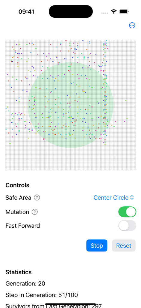 Evolution: Simulator - Screenshot of Evolution Simulator showing a 2D grid world with colored creatures, a green safe zone, and simulation controls including mutation and statistics.