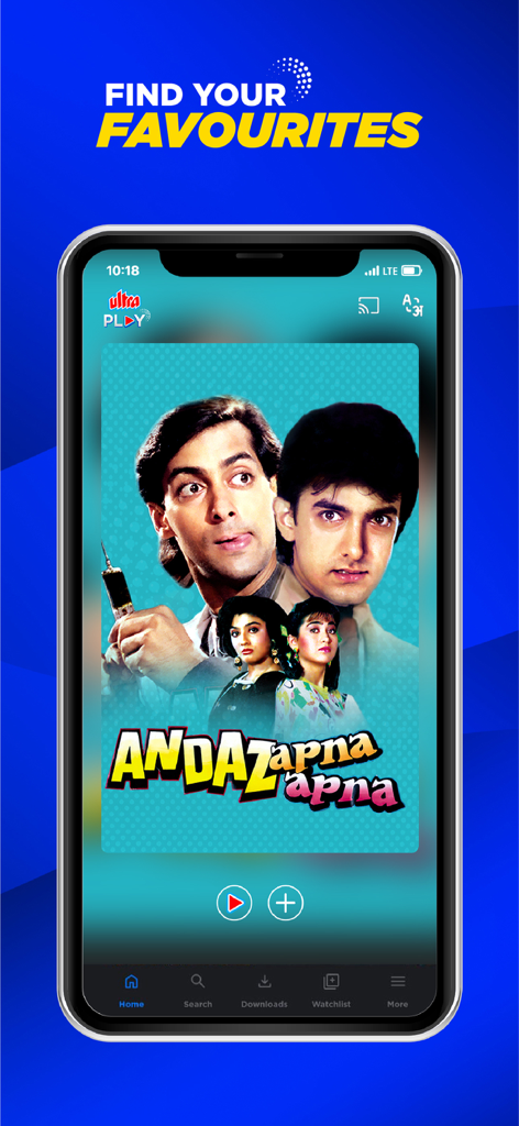 Ultra Play Hindi Movies - Ultra Play app interface displaying the classic Hindi film Andaz Apna Apna