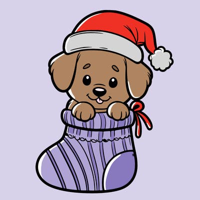 cute puppy wearing santa hat in socking