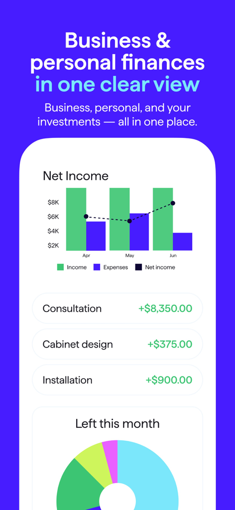 Quicken Simplifi App-Dashboard, das integrierte Geschäfts- und Privatfinanzen mit Nettoeinnahmendiagrammen und Transaktionsverfolgung anzeigt