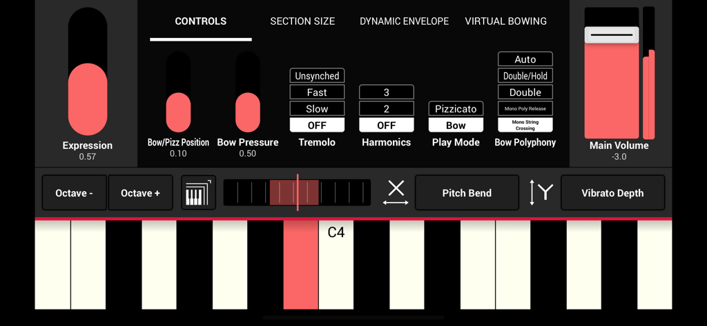 SWAM Double Bass Section - SWAM Double Bass Section app interface showing expressivity controls and a virtual keyboard.