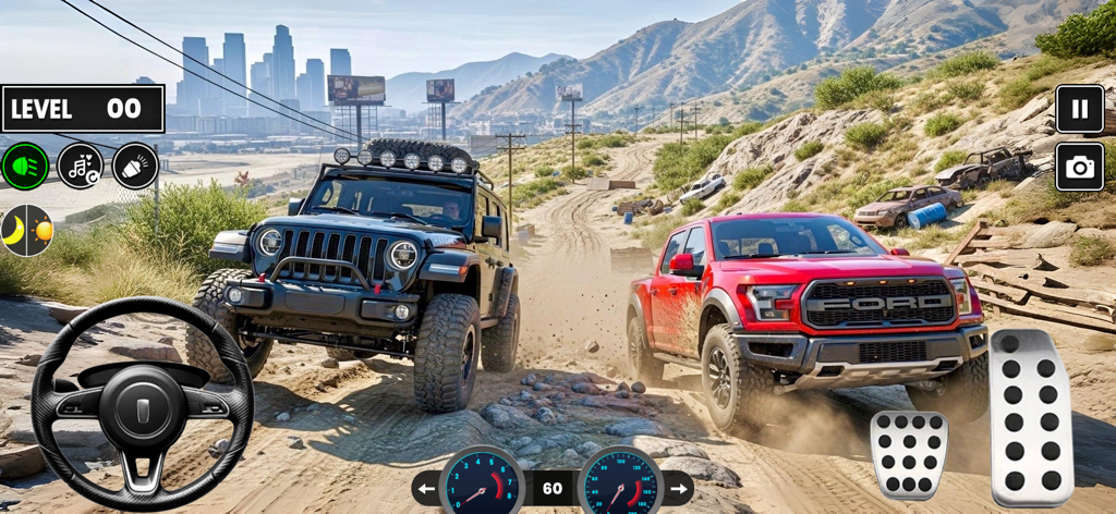 Dunes Offroad Car Simulator 3D - A black off-road SUV and a red pickup truck driving on a dirt road in a desert rally simulation.