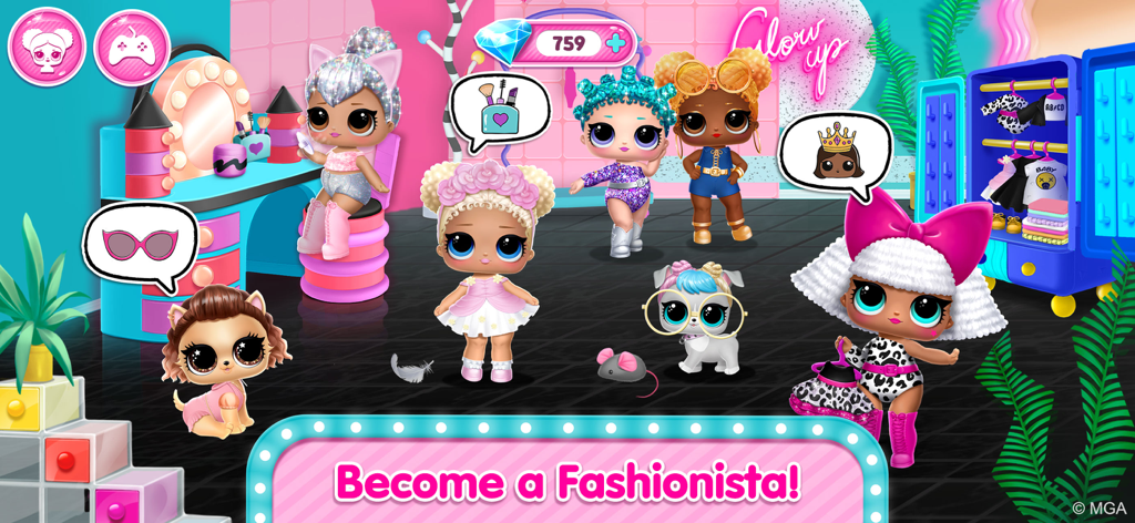 A group of L.O.L. Surprise dolls and pets in a colorful fashion dressing room with the text Become a Fashionista