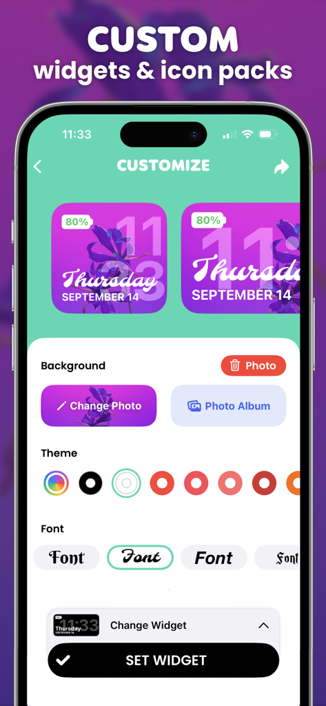 A screenshot of the Color Widgets app showing the widget customization screen with theme and font options.