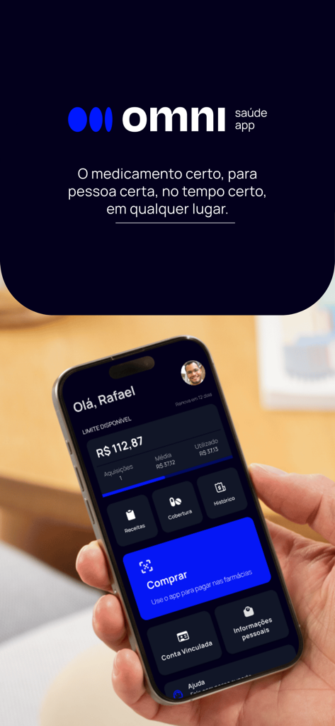 Omni Saude app interface showing prescription management and digital wallet balance