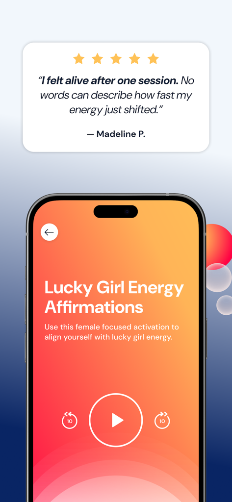 Activations: Daily Motivation - Screenshot of the Activations app playing Lucky Girl Energy Affirmations with a positive user testimonial