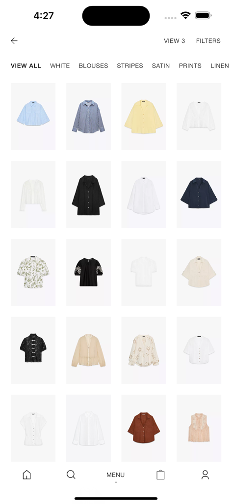 Zara SHWRM - Grade de blusas no aplicativo Zara SHWRM para profissionais de moda